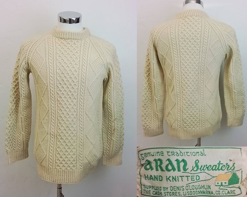 Aran Pullover Sweater Men's S Cream Cable-knit Handknit Wool Vintage #J3820